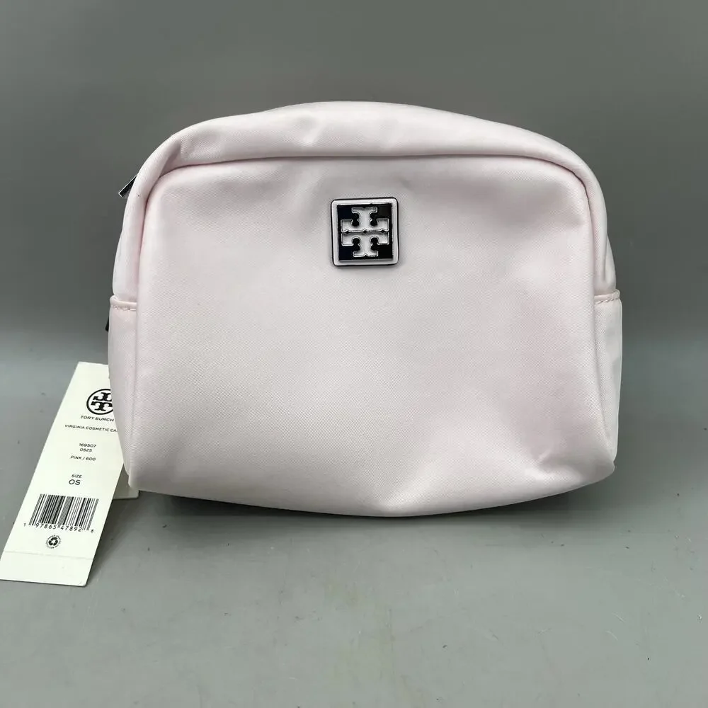 Tory Burch Virginia Cosmetic Case Pink Fabric Makeup Bag OS Zip Logo Travel NEW